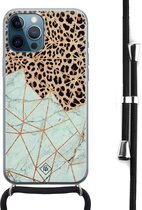 Casimoda® hoesje met koord - Geschikt voor iPhone 12 Pro Max - Luipaard Marmer Mint - Afneembaar koord - Siliconen/TPU - Bruin/beige