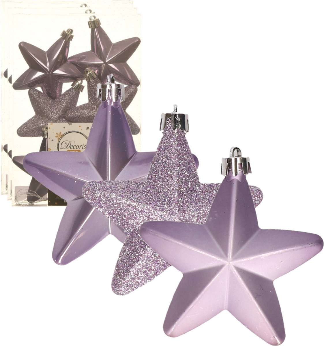 Decoris kersthanger sterren - 24x st - lila paars - 7 cm - kunststof - kerstornamenten - kerstversiering
