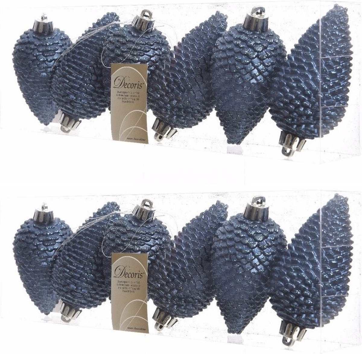Decoris Kersthangers dennenappels - 12x - donkerblauw - glitter - 8 cm - kunststof - kerstversiering