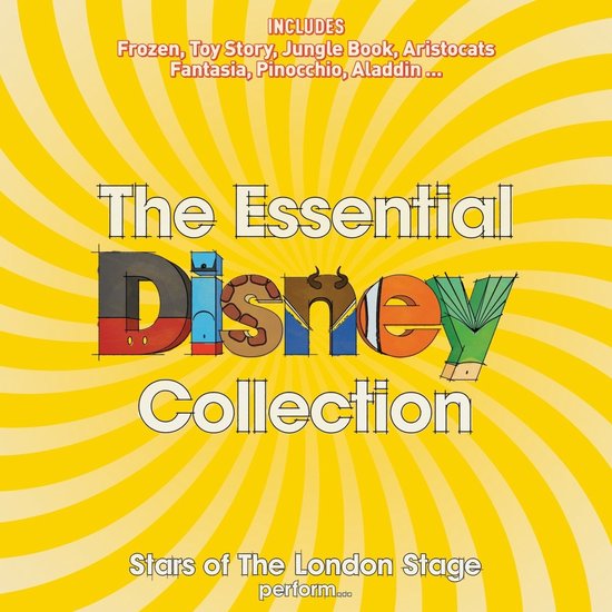 Gele hoes met cirkels en de tekst 'The Essential Disney Collection'. De letters zijn versierd met Disney-figuren.