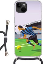Geschikt voorApple Iphone 14 - Crossbody Case - Een illustratie van spelers die voetballen in een stadion - Jongetje - Meisjes - Kinderen - Siliconen - Crossbody - Backcover met Koord - Telefoonhoesje met koord - Hoesje met touw