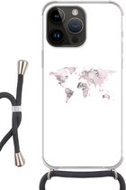 Geschikt voorApple Iphone 14 Pro - Crossbody Case - Wereldkaart - Marmer print - Grijs - Siliconen - Crossbody - Backcover met Koord - Telefoonhoesje met koord - Hoesje met touw