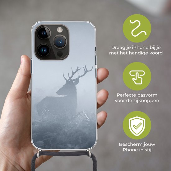 Coque de téléphone compatible avec Apple iPhone 14 Pro - Cerf - Brume - Forêt - Siliconen - Bandoulière - Coque arrière avec cordon - Coque avec cordon - Coque avec corde