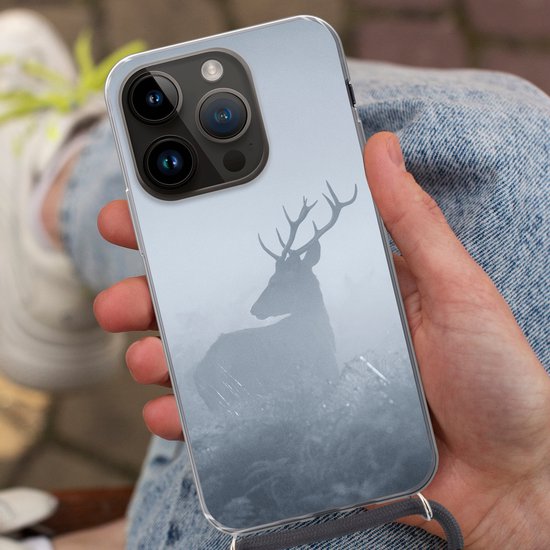 Coque de téléphone compatible avec Apple iPhone 14 Pro - Cerf - Brume - Forêt - Siliconen - Bandoulière - Coque arrière avec cordon - Coque avec cordon - Coque avec corde