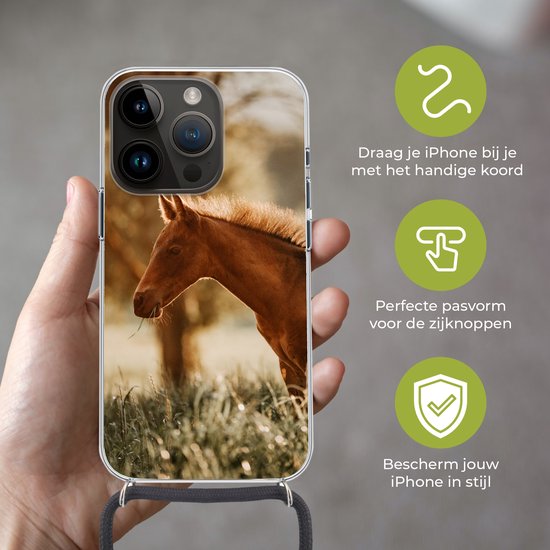 Étui de téléphone adapté à Apple iPhone 14 Pro - Cheval - Léger - Pâturage - Siliconen - Bandoulière - Coque arrière avec cordon - Étui de téléphone avec cordon - Étui avec corde Étui de téléphone