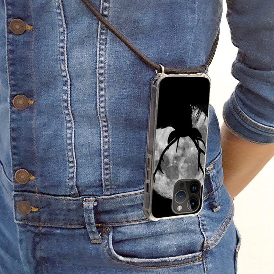 Étui pour Apple 14 Pro - Motifs Cerf, Lune et Nuit - Siliconen - Bandoulière - Coque arrière avec cordon