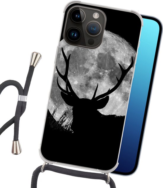 Étui pour Apple 14 Pro - Motifs Cerf, Lune et Nuit - Siliconen - Bandoulière - Coque arrière avec cordon