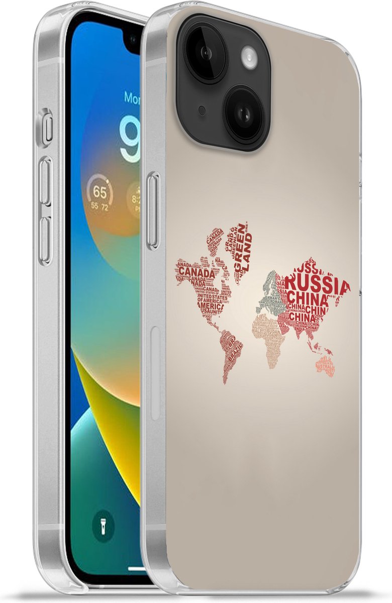 Telefoonhoesje Geschikt voor Apple Iphone 14 hoesje - Wereldkaart - Kaart - Letters - Siliconen Telefoonhoesje Telefoonhoesje