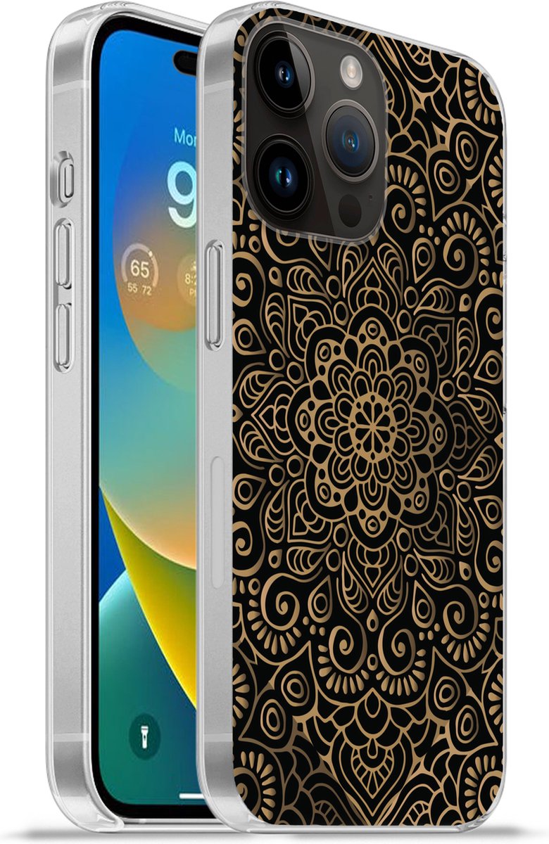 Telefoonhoesje Geschikt voor Apple Iphone 14 Pro Max hoesje - Gouden patroon op een zwarte achtergrond - Siliconen Telefoonhoesje Telefoonhoesje