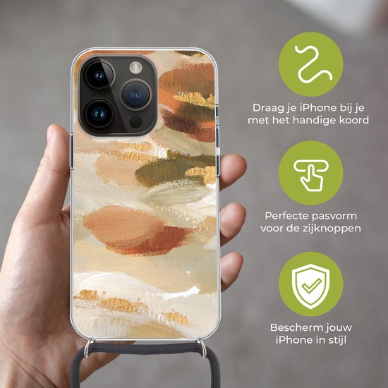 Telefoonhoesje Geschikt voor Apple Iphone 14 Pro - Verf - Goud - Bruin - Siliconen - Crossbody - Backcover met Koord - Telefoonhoesje met koord - Hoesje met touw Telefoonhoesje
