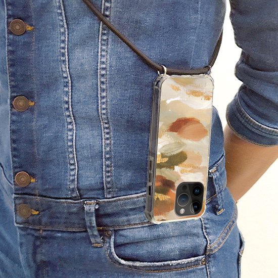 Telefoonhoesje Geschikt voor Apple Iphone 14 Pro - Verf - Goud - Bruin - Siliconen - Crossbody - Backcover met Koord - Telefoonhoesje met koord - Hoesje met touw Telefoonhoesje