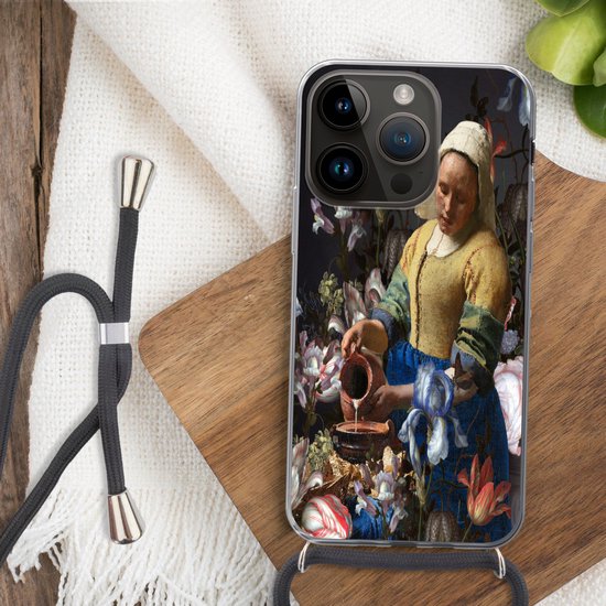 Telefoonhoesje Geschikt voor Apple Iphone 14 Pro - Melkmeisje - Bloemen - Regenboog - Siliconen - Crossbody - Backcover met Koord - Telefoonhoesje met koord - Hoesje met touw Telefoonhoesje