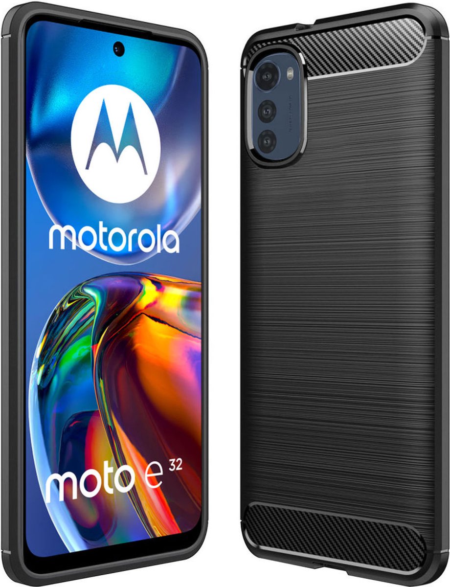 Geborsteld TPU Hoesje Geschikt voor Motorola Moto E32 | Beschermhoes | Back Cover | Flexibel TPU | Stijlvol Carbon | Dun | Zwart