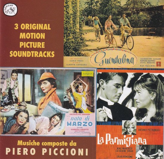 Cd-albumhoes met collages van filmscènes uit Guendalina, Nata di Marzo en La Parmigiana door Piero Piccioni.