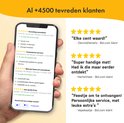 Screenshot van een smartphone met positieve klantrecensies over een puzzelmat, en een tekst met 'Al +4500 tevreden klanten'.