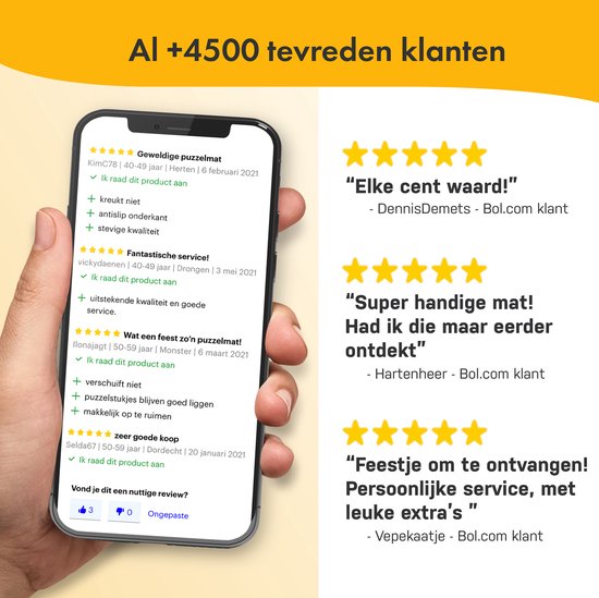 Screenshot van een smartphone met positieve klantrecensies over een puzzelmat, en een tekst met 'Al +4500 tevreden klanten'.