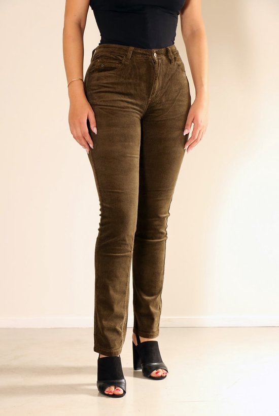 New Star dames broek - Bremen - licht bruin/groen kleur - corduroy broek - ritbstof - maat 28/32