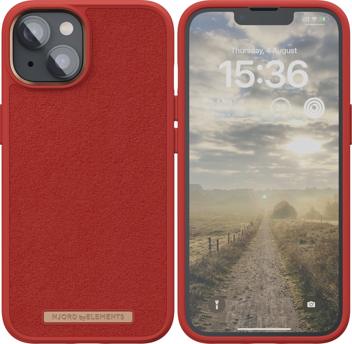 Njord byELEMENTS iPhone 14 Plus hoesje - Telefoonhoesje van Hoogwaardig Suede - Gereycled / Duurzaam materiaal - 2 Meter valbescherming - Geschikt voor Magsafe / Draadloos laden - Rood/Oranje