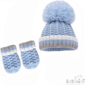 Soft Touch Babymuts Grote Pompom Met Wantjes Chevron Acryl Blauw Maat S H648-B-SM