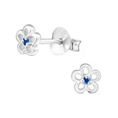Joy|S - Zilveren bloem oorbellen - 5 mm - zirkonia blauw - oorknoppen voor kinderen