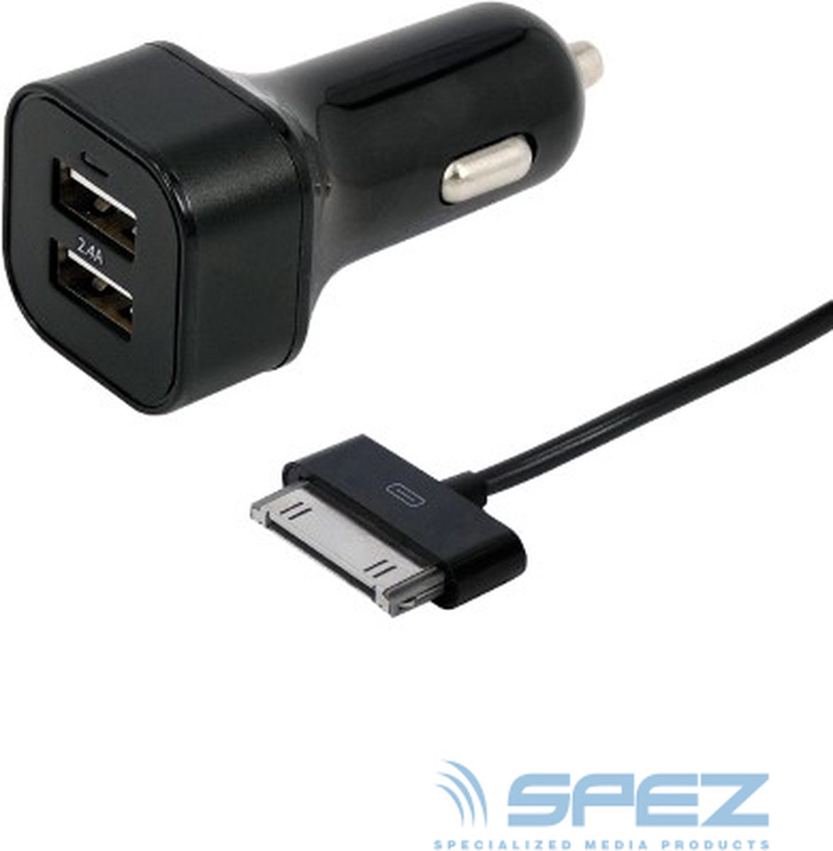 Dubbele USB autolader met losse 30-pins kabel - compatibel met Apple - 0,80 meter