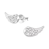 Joy|S - Zilveren vleugel oorbellen - 5 x 10 mm - engelenvleugels oorknoppen - kristal