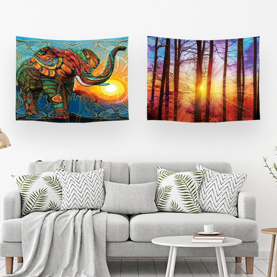 Ulticool – Tapisserie - Elephant Sun Boho Bohème Sunset – 73 cm x 95 cm – Peinture Tapisserie Tissu – Poster Art – Oranje Violet Blauw Jaune