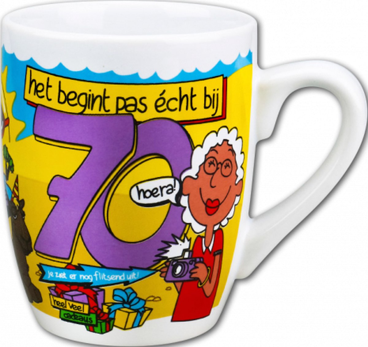 Verjaardag - Cartoon Mok - Hoera 70 jaar - In cadeauverpakking met gekleurd lint