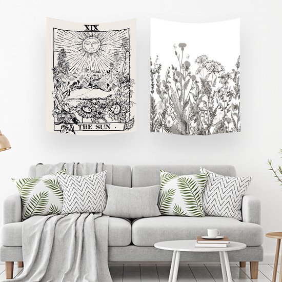 Ulticool – Wandkleed - Zon Natuur Bloemen Tarot Horoscoop Vintage Retro – Set van 2 designs - 73 cm x 95 cm – Schilderij Wandtapijt Stof – Poster Art – Zwart Wit