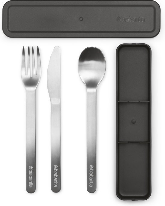 Étui à couverts Brabantia gris foncé avec une cuillère, un couteau et une fourchette en acier inoxydable.