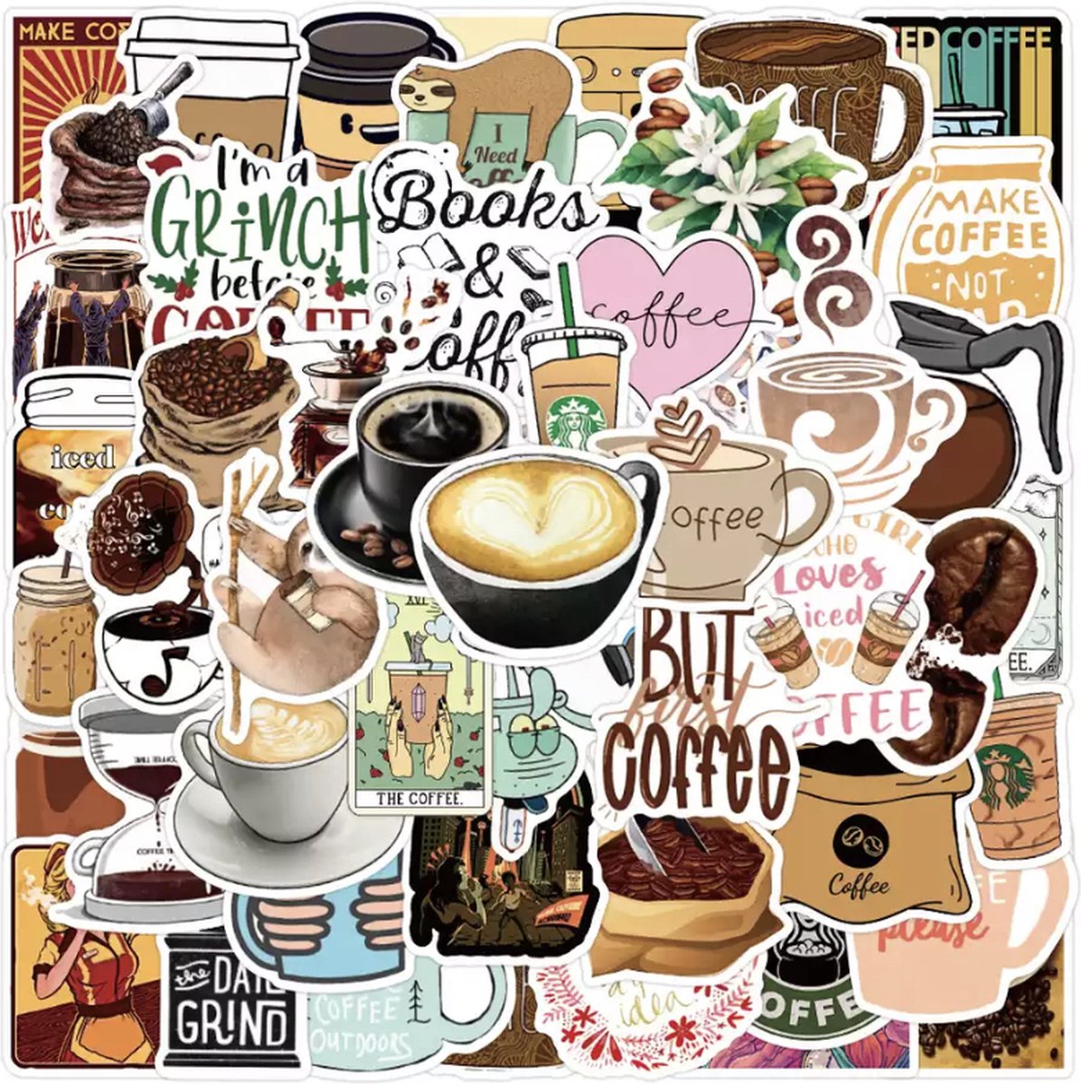 Koffie Stickers 50 Stuks | Koffiebonen Stickers | Thema Koffie | Laptop Stickers | Decoratie | Stickers Kinderen | Stickers Volwassenen | Stickervellen | Plakstickers | Koffer Stickers | Stickers Bullet Journal | Planner Stickers - Merkloos