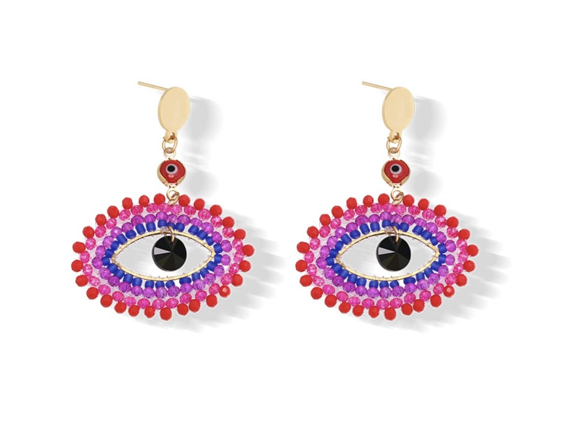 Oorbellen dames | oorhangers dames | statement oorbellen dames | eye oorbellen | evil eye | kralen oorbellen | goudkleurig | roze oorbellen | feestelijke oorbellen | cadeau voor vrouw | black friday 2023 | sinterklaas | kerstcadeau voor vrouw