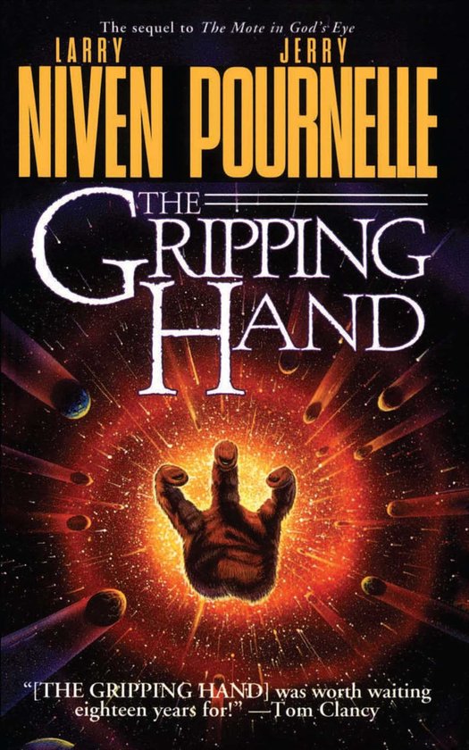 Boekcover 'The Gripping Hand' met een cartoonachtige, behaarde hand die uit een gloeiende, vurige explosie van ruimteobjecten komt.
