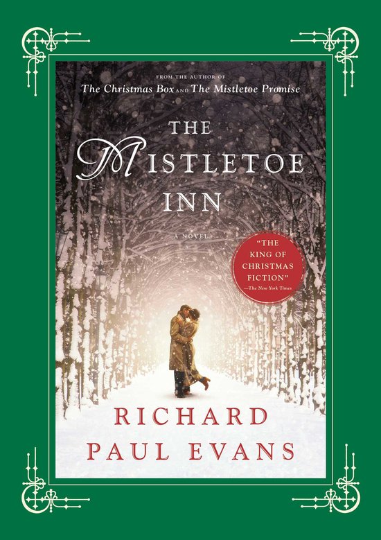 Boekcover 'The Mistletoe Inn' door Richard Paul Evans. Een winterse, besneeuwde laan met twee geliefden die elkaar kussen.