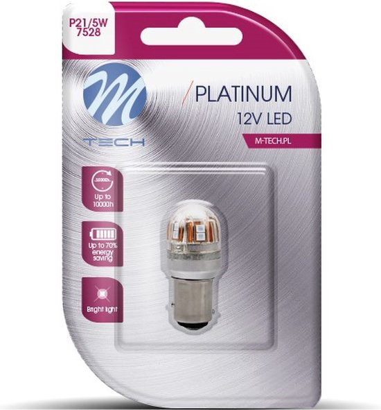 Verpakking van een M-Tech Platinum 12V LED-lamp P21/5W met oranje LED's en tekst.