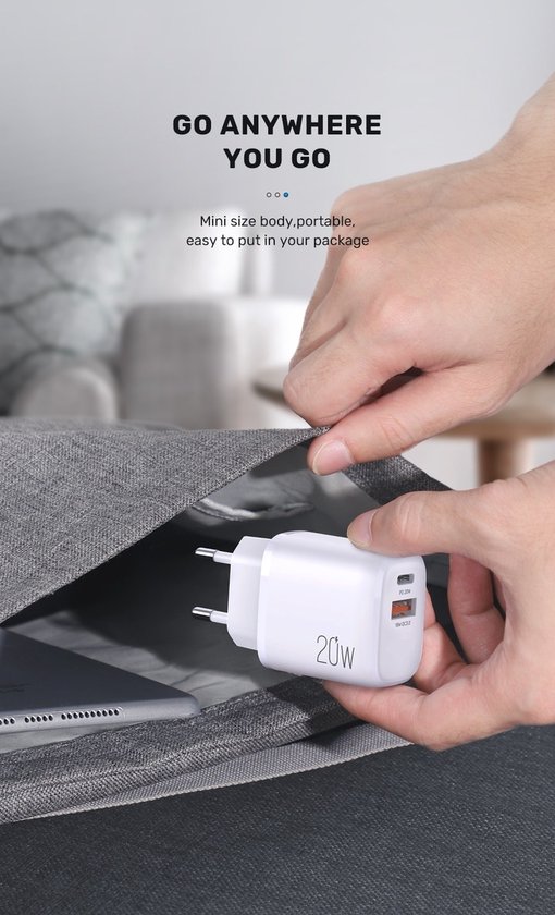 DrPhone HALO-N2 - 20W Oplader met USB-C PD + QC 3.0 USB Lader - 80% - 35 minuten - Stekker Voor Smartphone / Tablet - Zwart van DrPhone — afbeelding 2