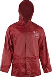 Rood regenjack met capuchon, drukknoopjes en reflecterende strepen.