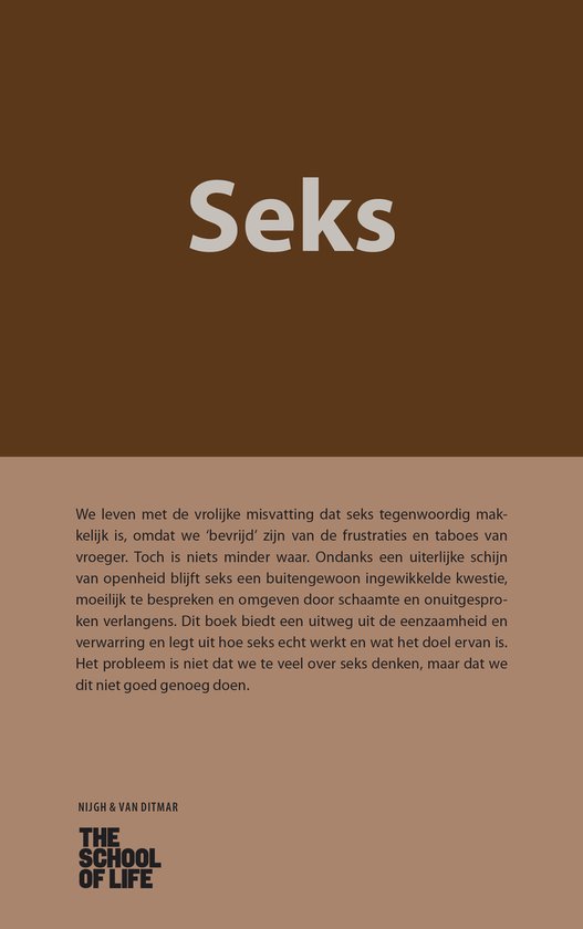 Livre intitulé 'Seks'. Le fond est brun et beige.