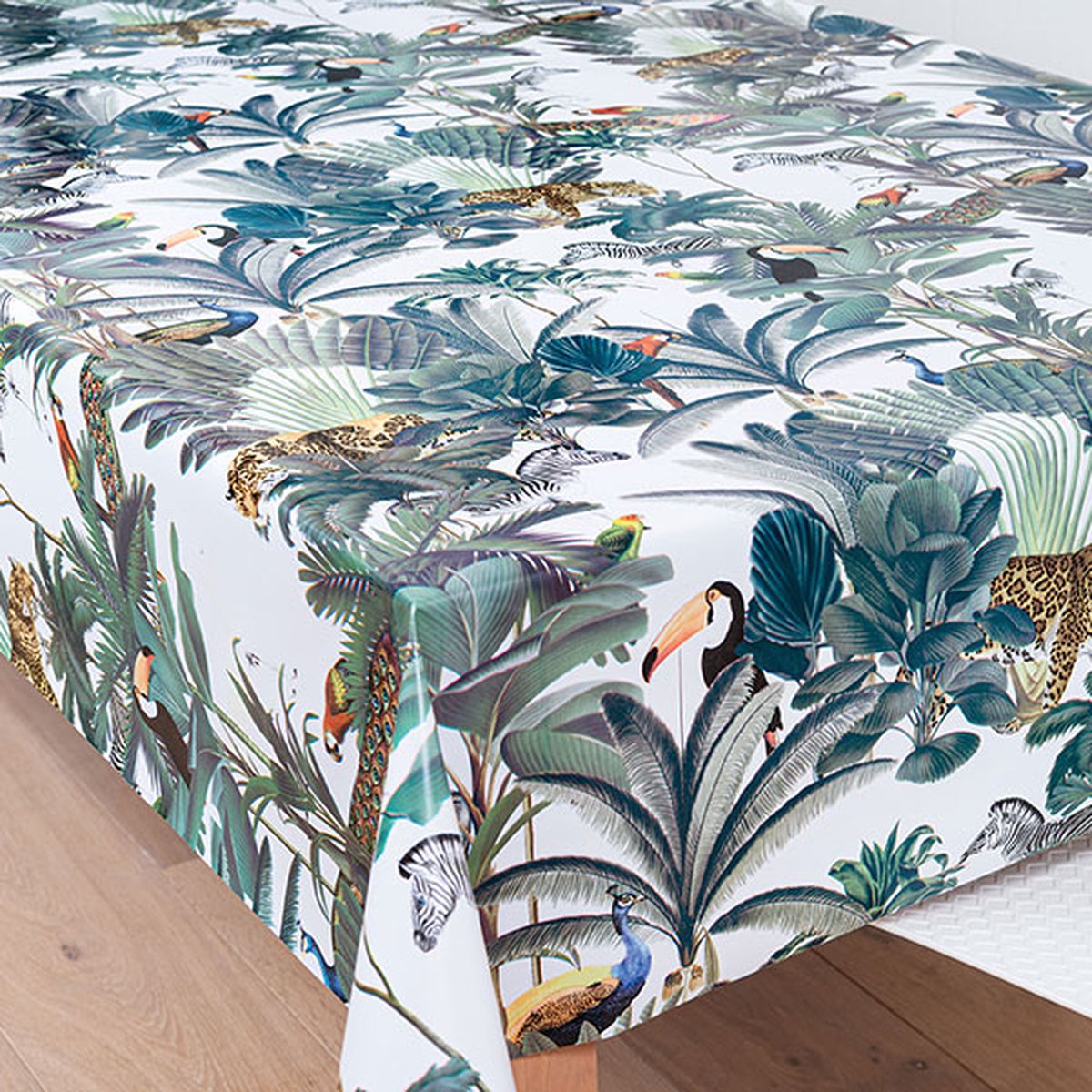 Tafelzeil/tafelkleed jungle print met bladeren en dieren 140 x 220 cm - Tuintafelkleed