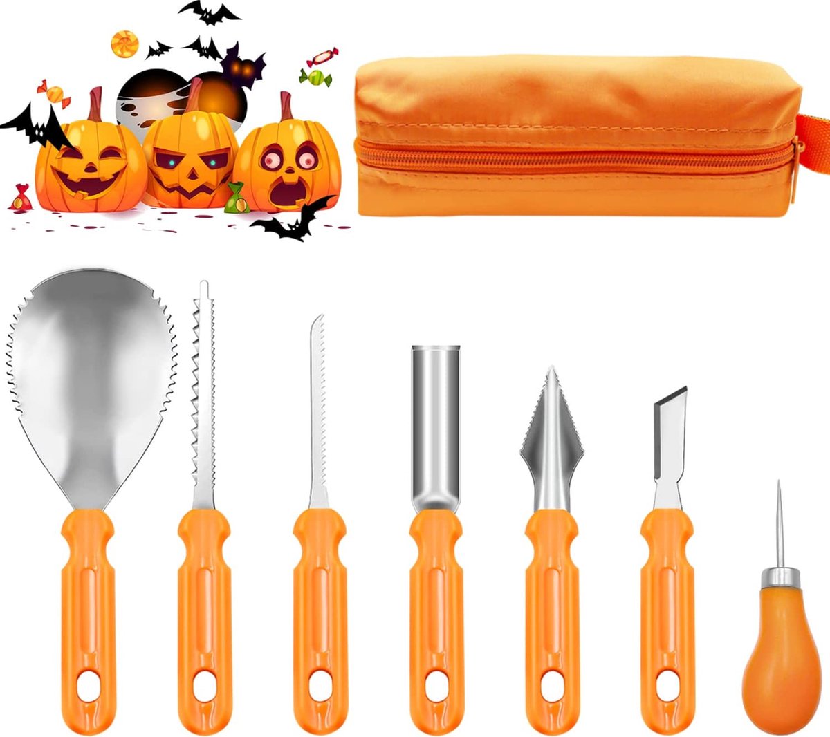 Pompoen-snijset - 7-delige pompoen-snijset, roestvrij staal - Halloween pompoen-snijgereedschap -  pompoen-snijgereedschap - doe-het-zelf - decoratie met draagtas - pompoen-lantaarns voor Hal