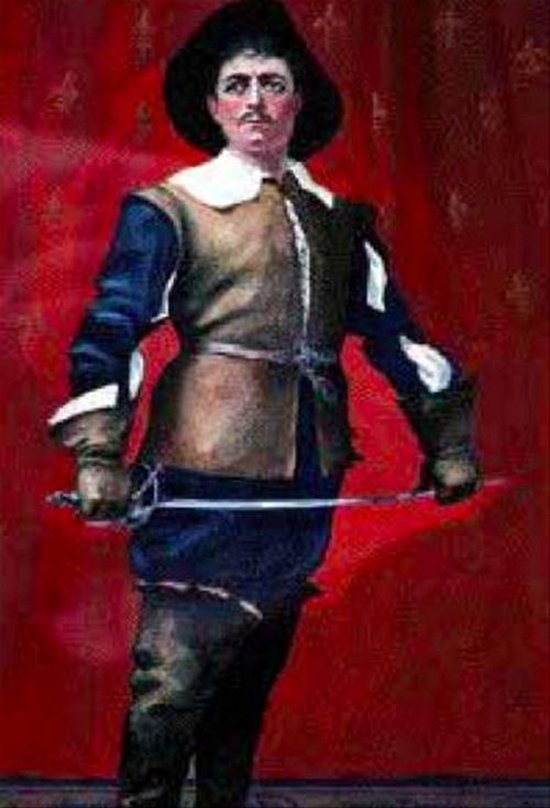 Homme en costume historique avec chapeau, gilet, veste bleue, gants et épée