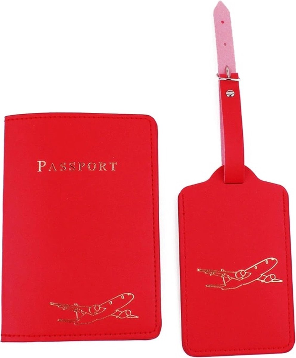 Premium Lederen Paspoorthoes met Bagagelabel - Paspoorthouder - Paspoort Protector with Luggage Tag - Rood
