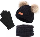 Wintermuts, sjaal en handschoenen - zwart- 1-4 jaar kind - Cadeau kind - Kerstcadeau - Muts met pompom Hii you