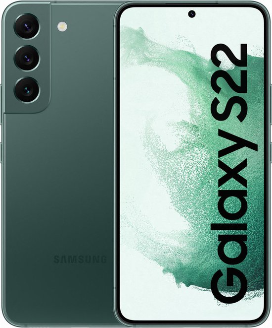 Voorkant en achterkant van een groene Samsung Galaxy S22 5G smartphone, met het 'Galaxy S22' logo op het scherm.