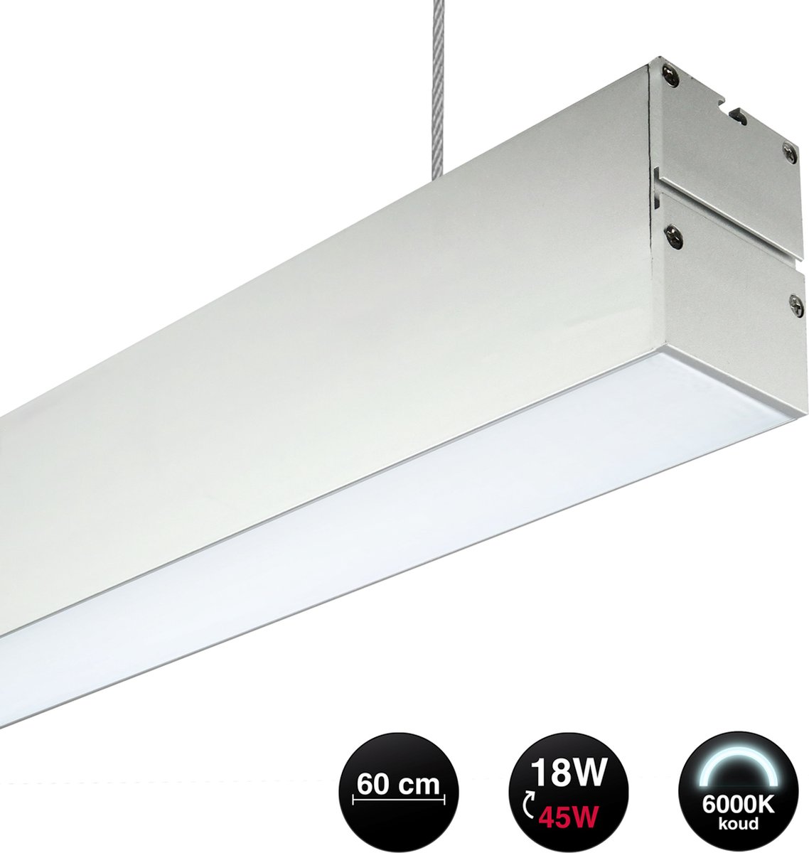 Hangende LED lichtbalk 60 cm - Koppelbaar - 6000K Koud witte Lichtkleur - Incl. Ophangset 1 meter - 18W - Linear