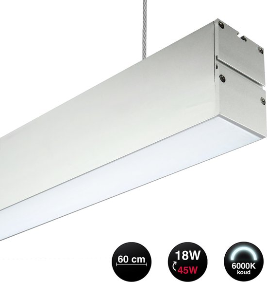 Hangende LED lichtbalk 60 cm - Koppelbaar - Voordeel pack 2 stuks  - Koppelbaar - 6000K Koud witte Lichtkleur - Incl. Ophangset 1 meter - 18W - Linear