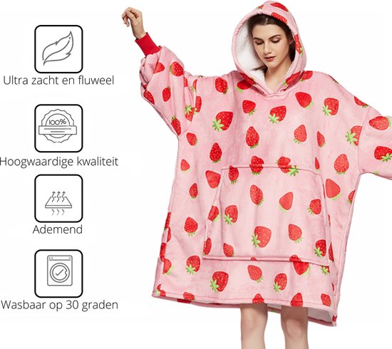 Q-Living Hoodie Deken - Snuggie - Plaid Met Mouwen - Snuggle Hoodie - Fleece Deken Met Mouwen - 1450 gram - Aardbei