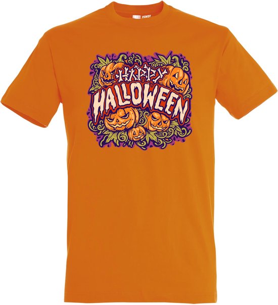 T-shirt kinderen Happy Halloween pompoen | Halloween kostuum kind dames heren | verkleedkleren meisje jongen | Oranje | maat 80
