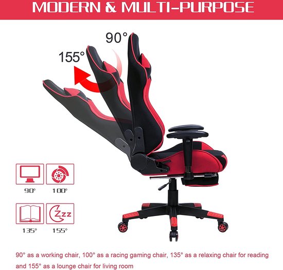FIVMEN Gamingstoel, massagestoel, racestoel, gamestoel met voetensteun, hoofdsteun en massagelendenkussen, in hoogte verstelbaar, ergonomische bureaustoel, gamingstoel voor gamers, speelkamer