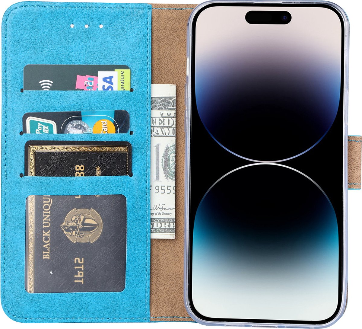 BixB bookcase iPhone 14 Pro Max hoesje met pasjeshouder Wallet case booktype - Turquoise